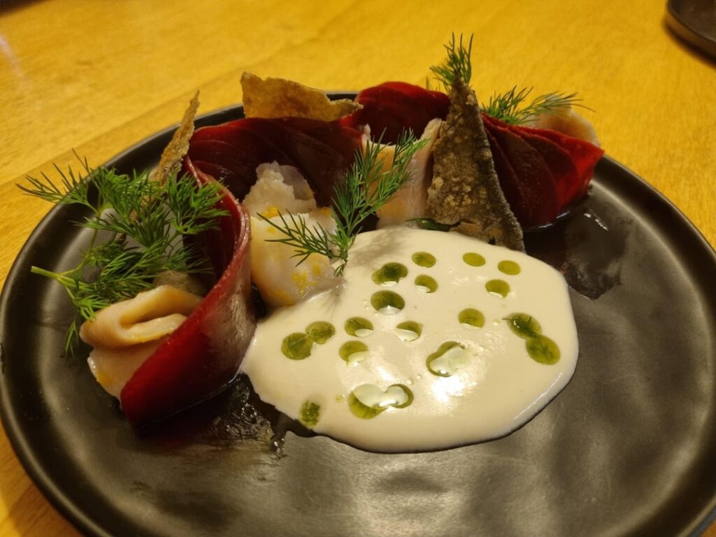 Char ceviche (marinated in meyer lemon juice), beetroot, coconut-lemon fond, dill/dill-oil