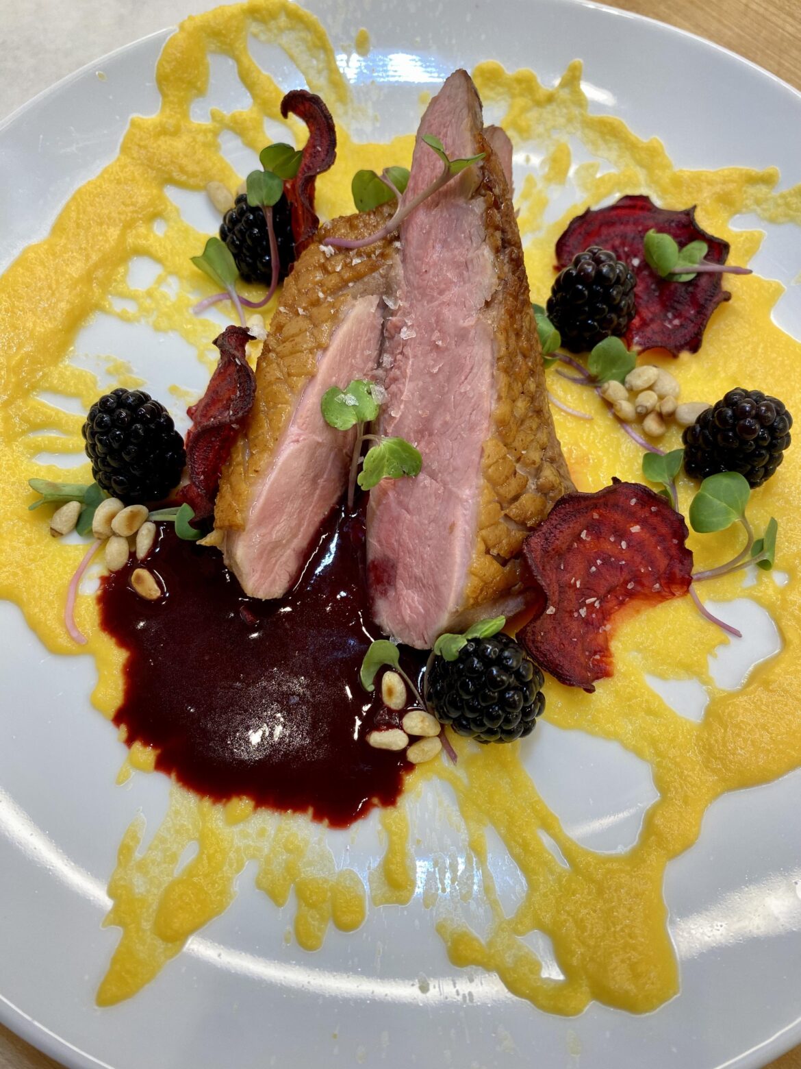 Sous Vide Duck Breast, Butternut Squash Puree, Blackberry Balsamic Reduction