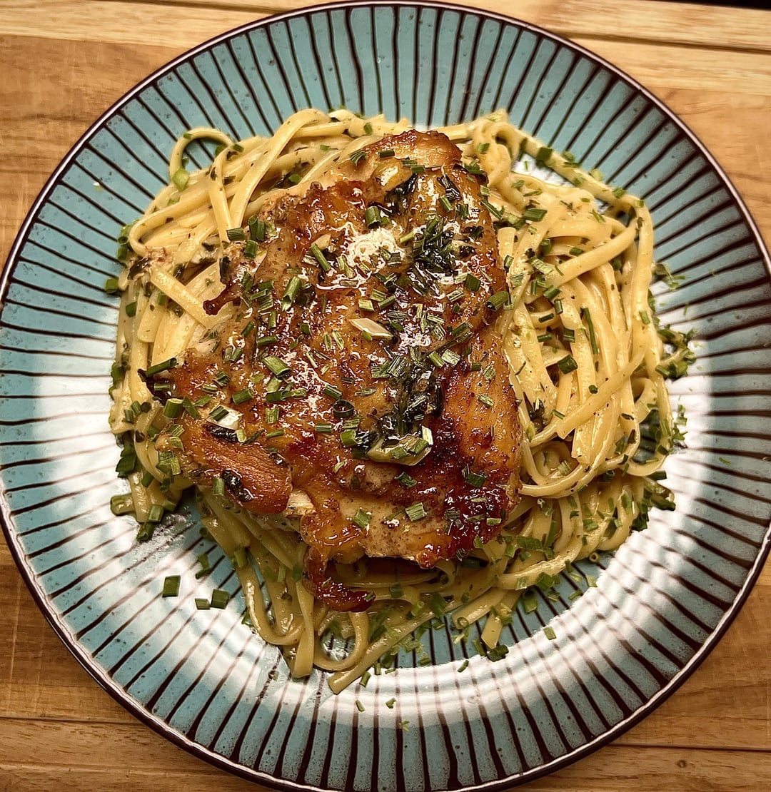 Chicken and linguini in a persillade sauce made with white wine and