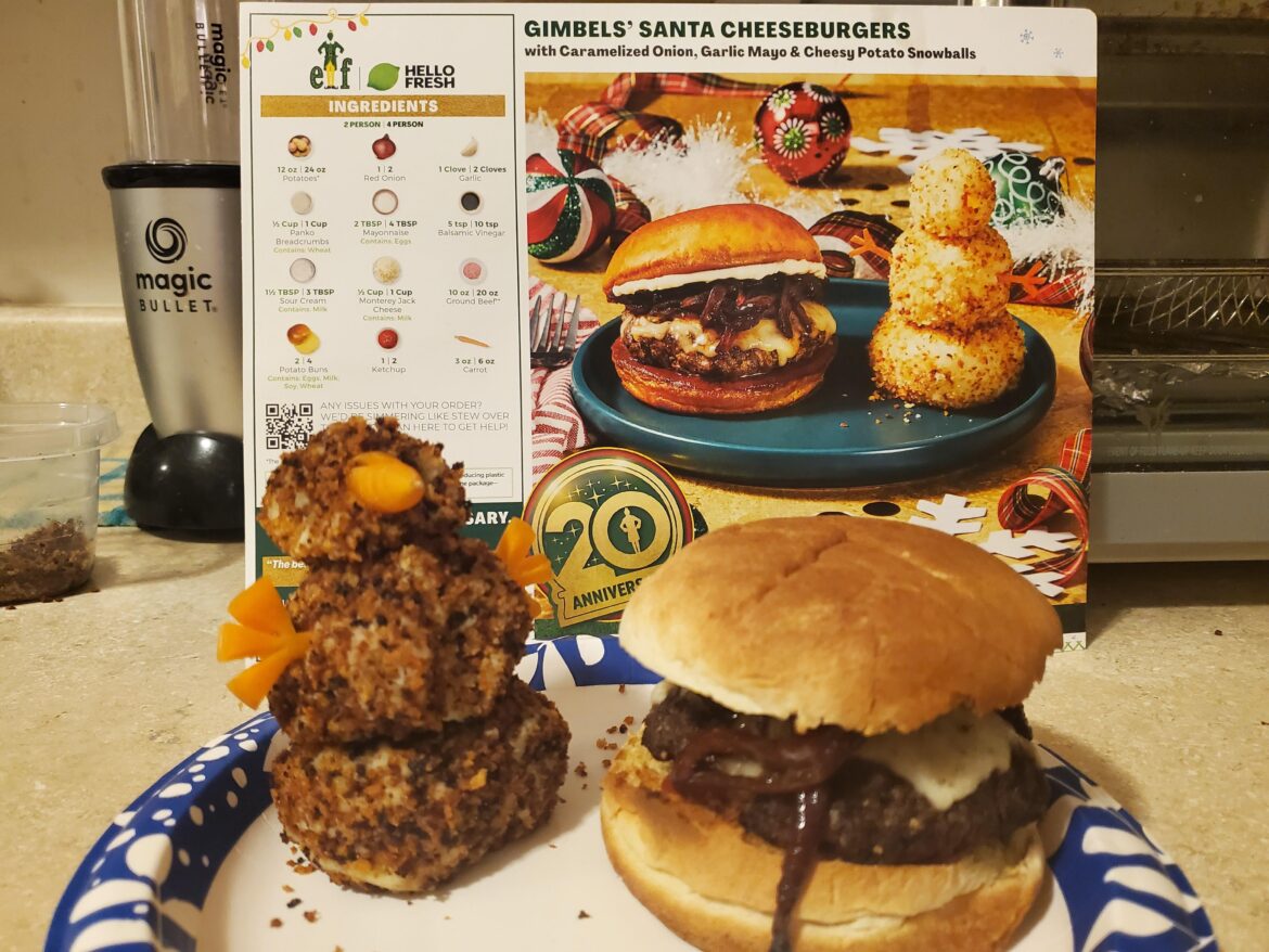 Gimbels’ Santa Cheeseburgers with Caramelized Onion, Garlic Mayo & Cheesy Potato Snowballs