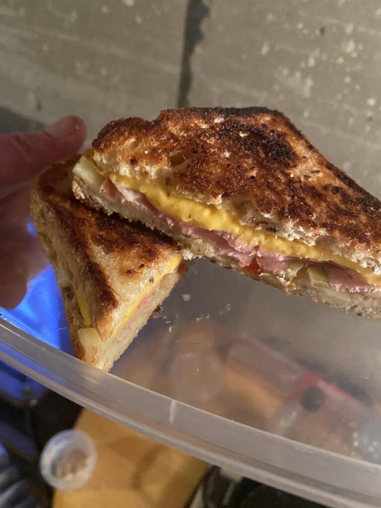 Grilled cheese. Kraft singles, mozzarella, head cheese, olive/pimento loaf.