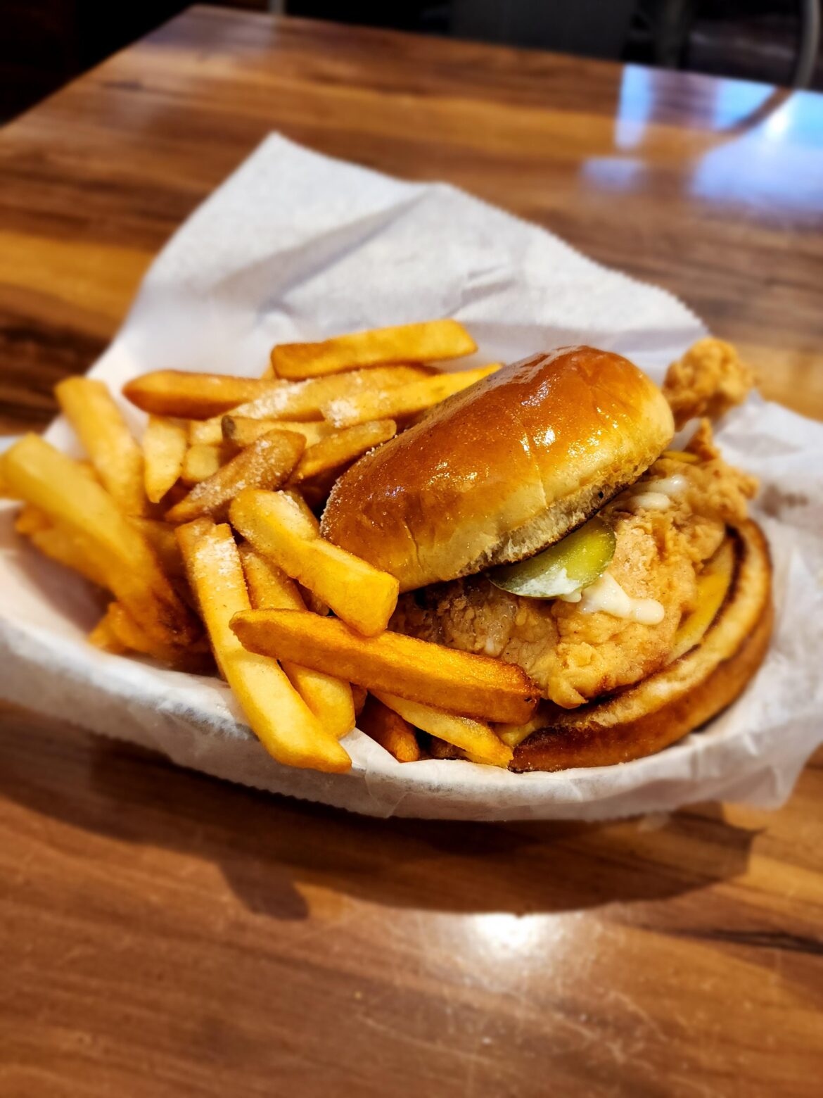 Fried chicken sandwich & fries, George's Chicken and Shrimp, Taylor St.