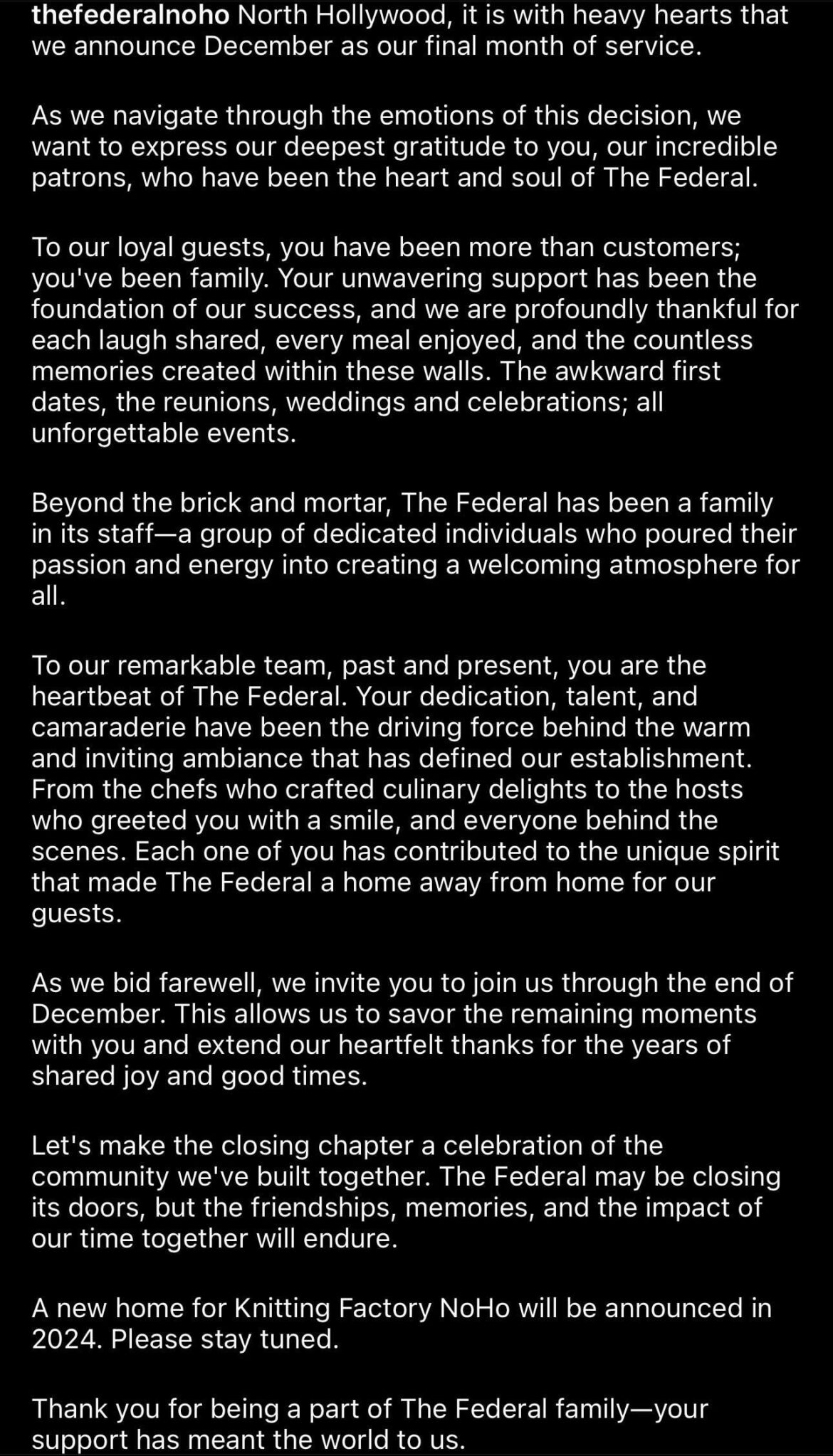 The Federal in NoHo closing at end of the year