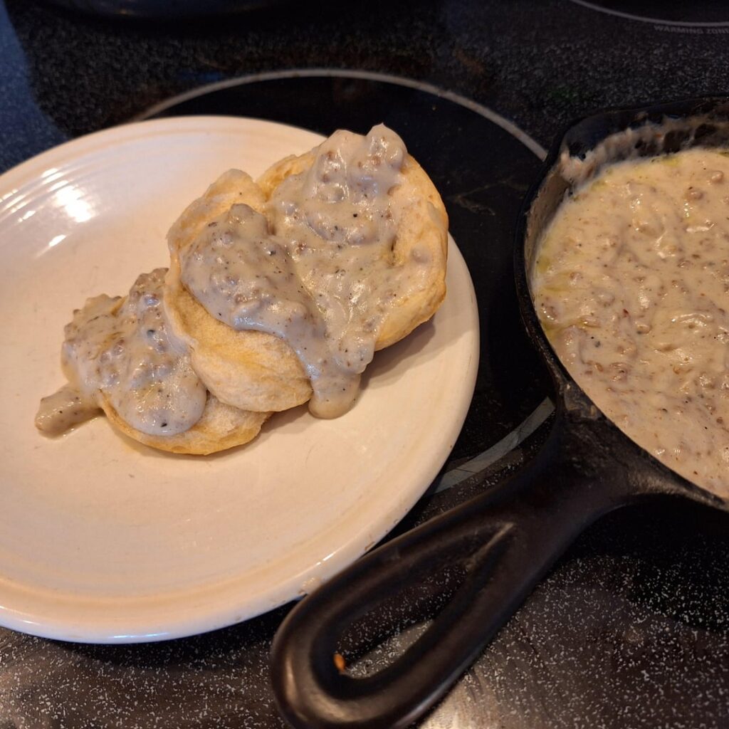 Made biscuits and sausage gravy for the first time. Accidentally added Carolina reaper powder instead of red pepper powder. It slaps. Bonus scorpion Tabasco on a couple bites.
