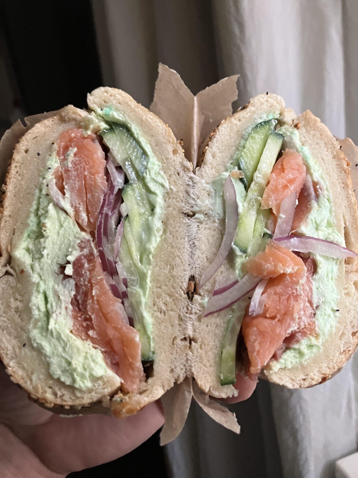 Everything bagel, wasabi cream cheese, smoked salmon, tomato, onion, cucumber from Best Bagels, midtown, right near MSG