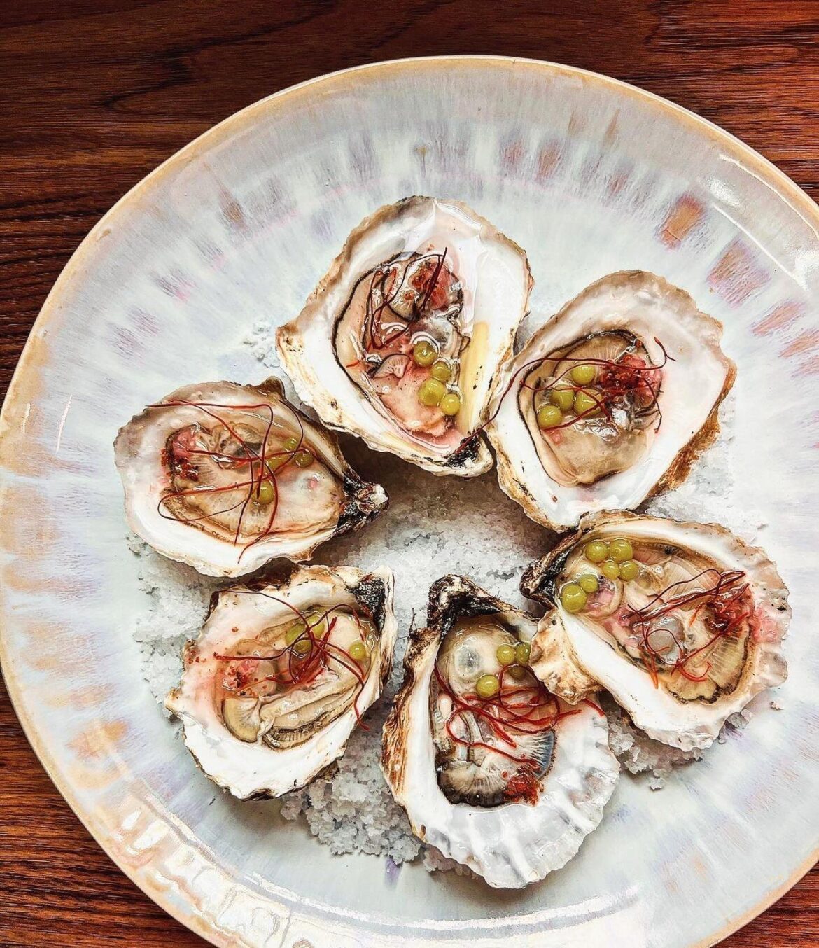 Oysters, Hibiscus Gin Tonic Mignonette, Apple Kiwi Pearls, Calamansi Kosho