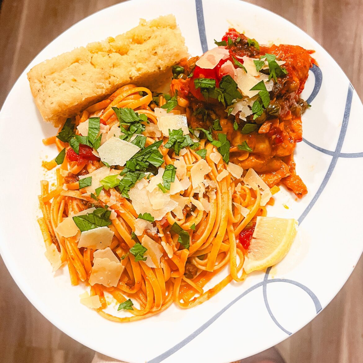 Chicken puttanesca with focaccia bread