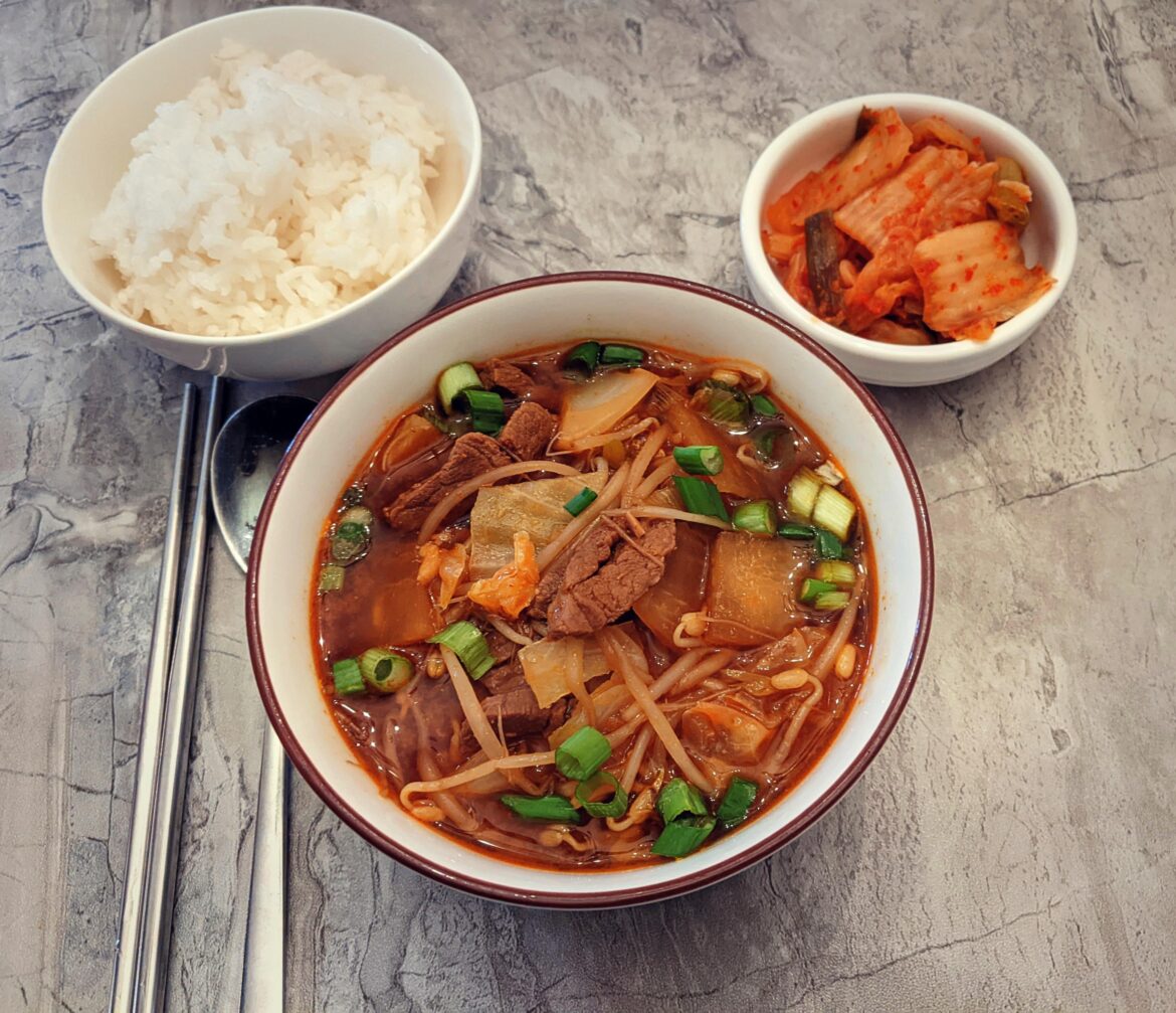 Haejang-guk, hangover soup with beef, radish, bean sprouts, and cabbage.