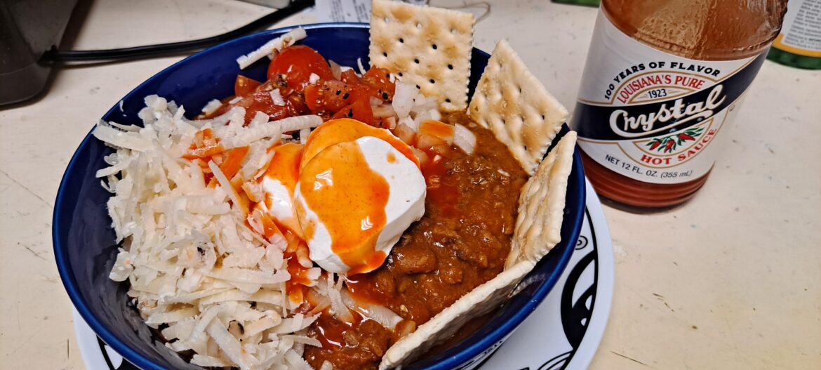 Costco deli's chili served Deluxe style with Crystal hot sauce