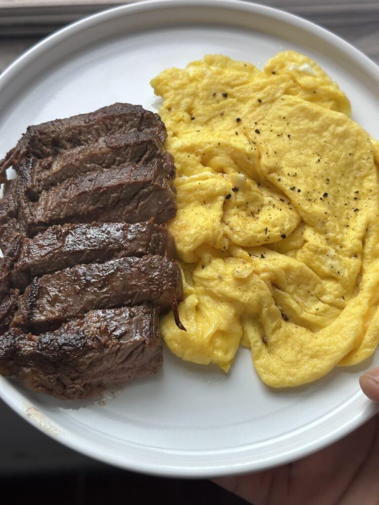 a little over cooked but my steak and eggs