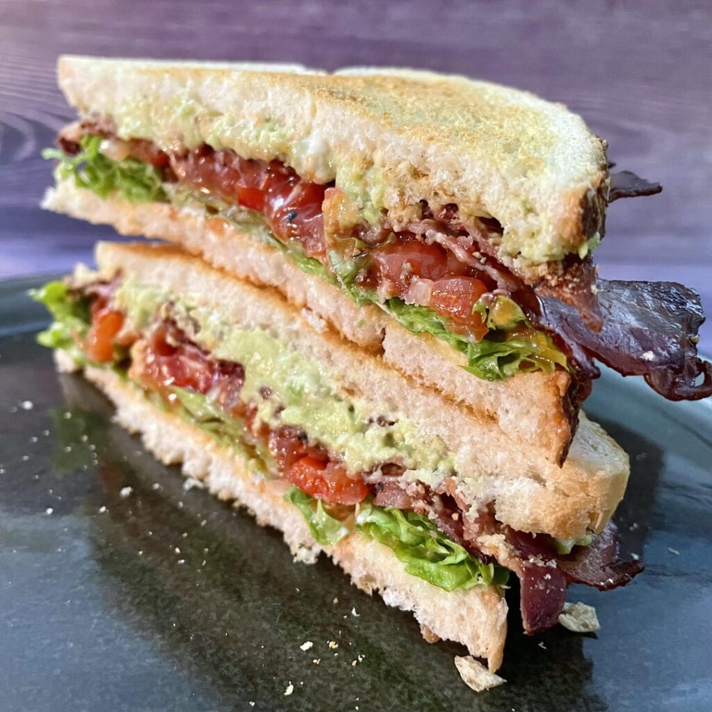 A-BLT. Avocado, lemon-peppered bacon, lettuce, bruschetta instead of sliced tomatoes.