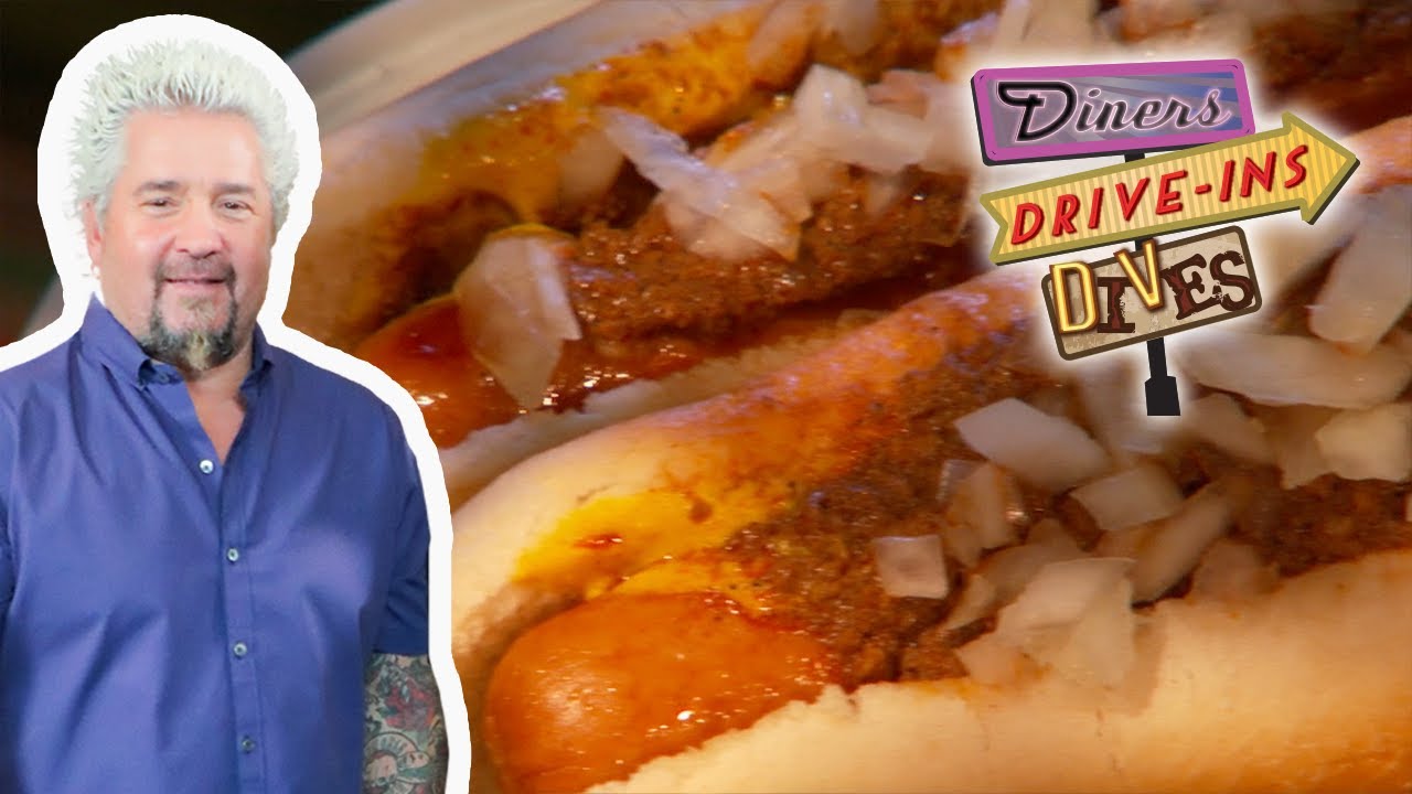 Guy Fieri Eats Hotdogs & "Crazy Meat Concoction" Sauce Diners, Drive