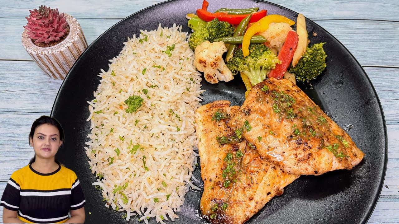 Continental Grilled Fish Meal | Herb Rice &amp; Sauteed Veggies | Grilled ...