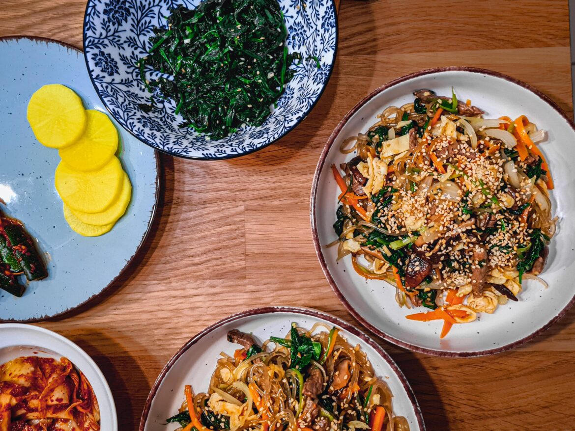 Homemade japchae with beef