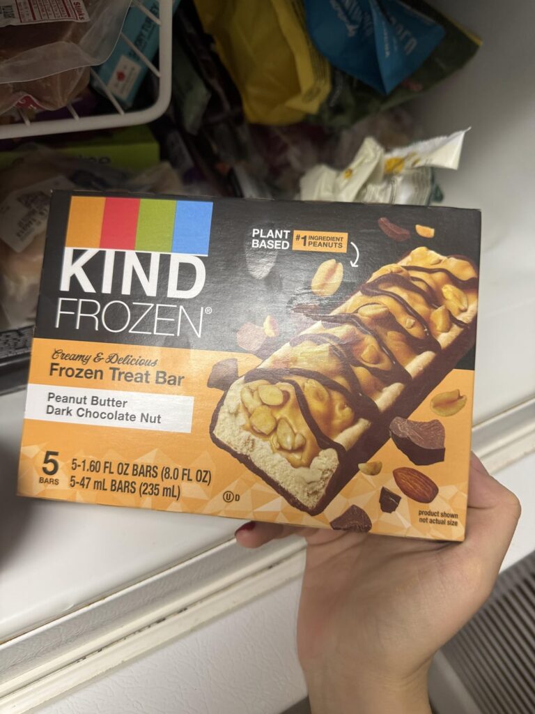 My go-to desserts when I have extra cals. Oatly Chocolate or Vanilla Frozen Dessert Mini Cups (130) and Kind Frozen Peanut Butter Bars (180) the pb frozen kind bars are literally beyond amazing🫠