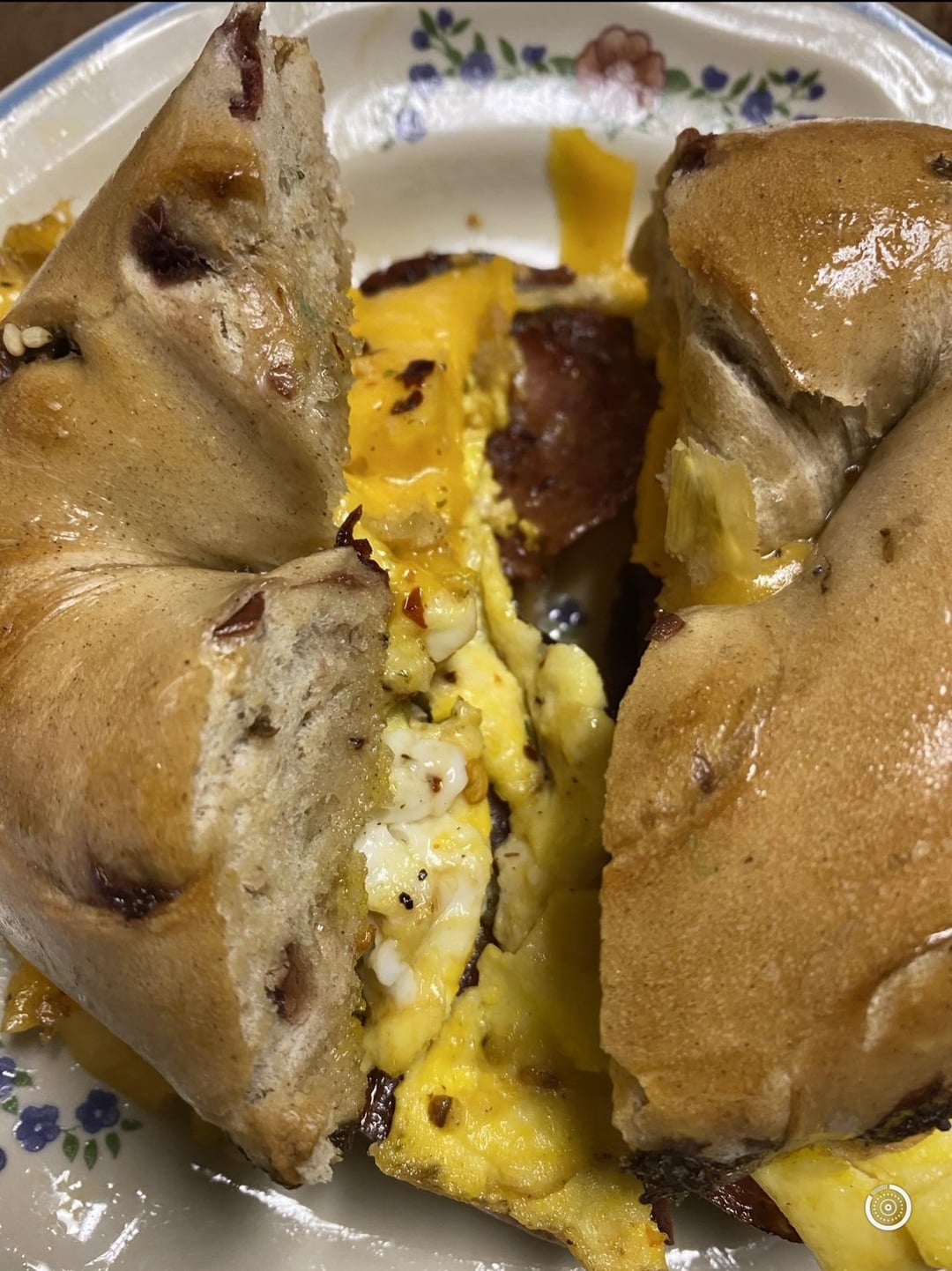 Salami egg and cheese on a cranberry bagel Dining and Cooking