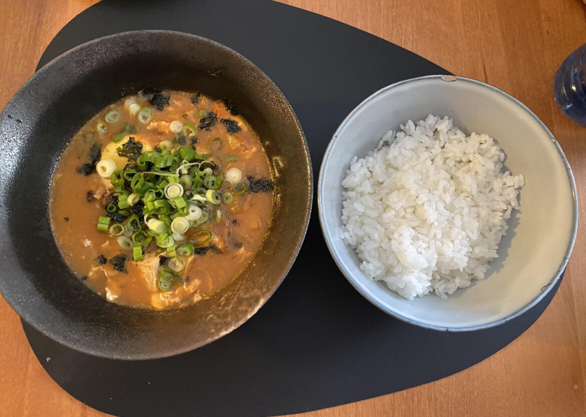 I had leftover sundubu-jjigae for breakfast with some sticky rice and a cup (not seen) of ginger tea