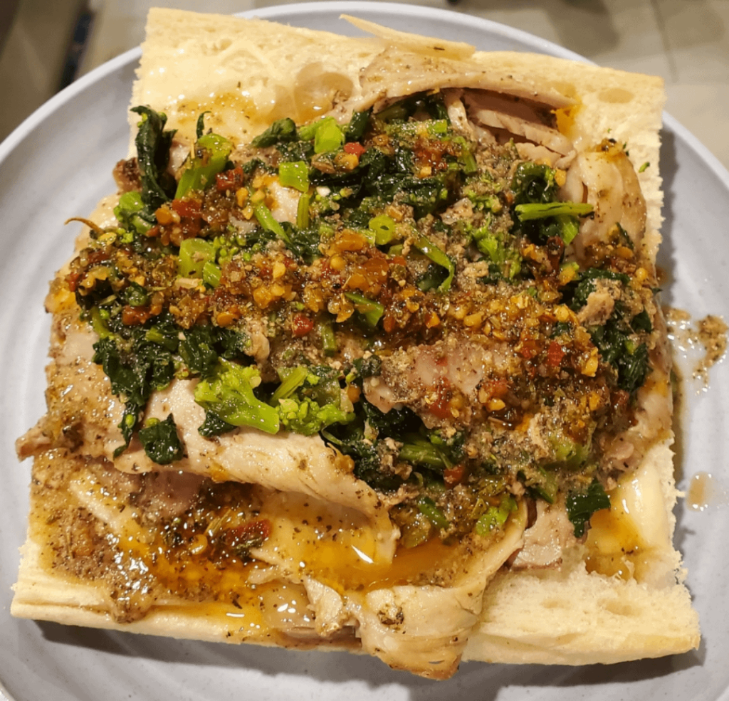 Sliced Roast Pork, Broccoli Rabe, Sharp Provolone, Mock "Bomba", Semolina Roll (Prepared for 2,000 Person Event)