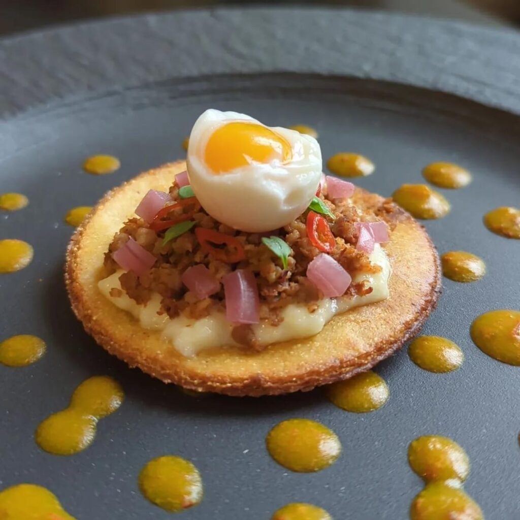 Quail egg and chorizo tostada with queso, pickled red onion, chilies, and habenero sauce