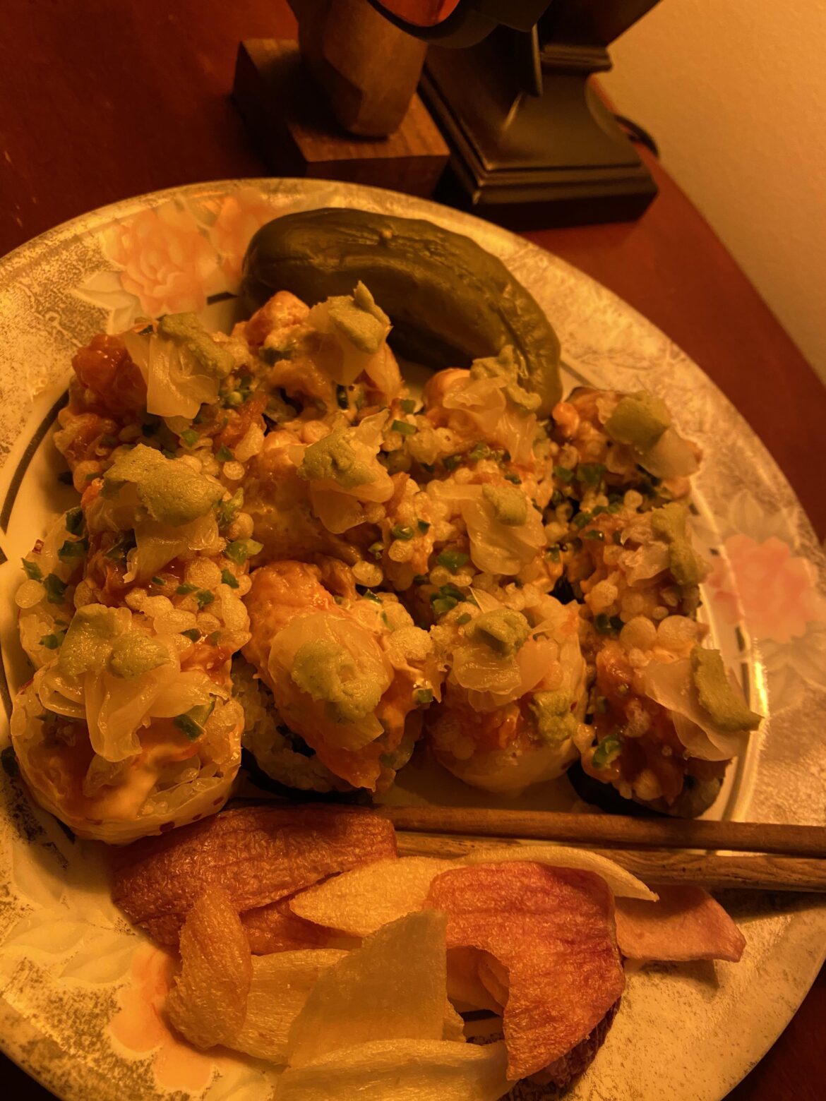 I’m having fresh wegmans sushi for dinner along with a fermented dill and onion chips. Never tried them before and they’re pretty damn good. They’re basically just red and white onions that are baked + salted.