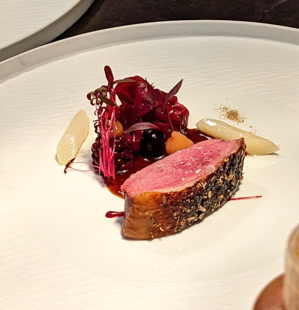Duck, salsify, sancho, lavender, salsify, beetroot, umeboshi, pickled elderberrie