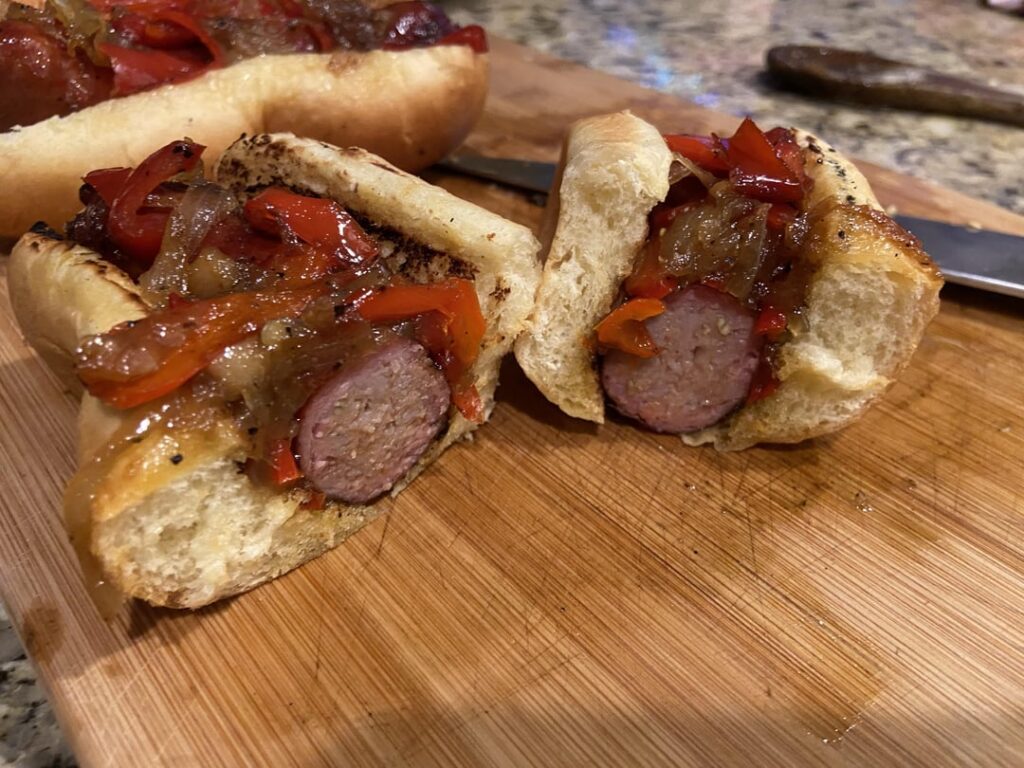 Smoked then seared Italian sausage with onions and peppers