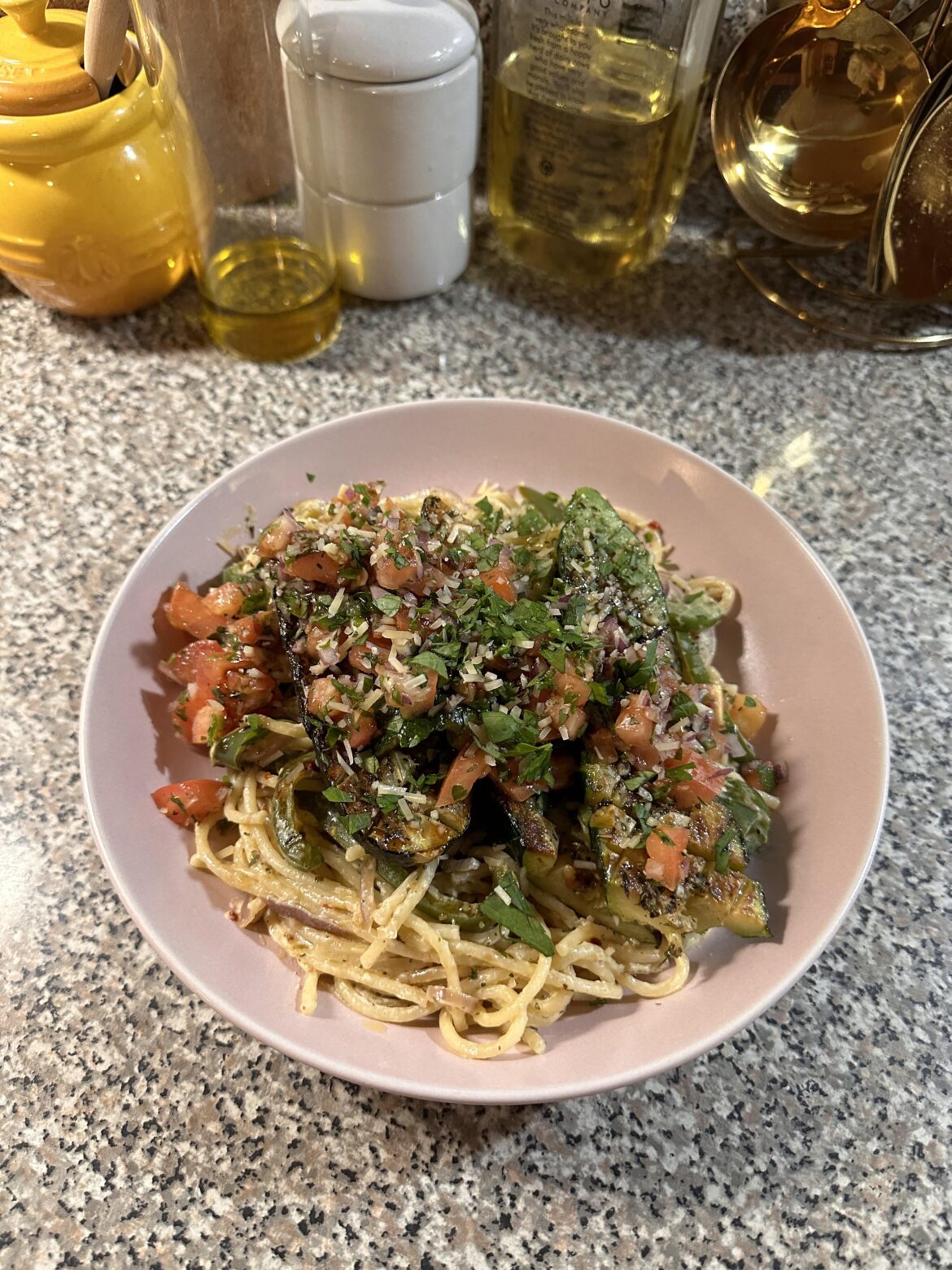 Charred Zucchini over Bruschetta Spaghetti