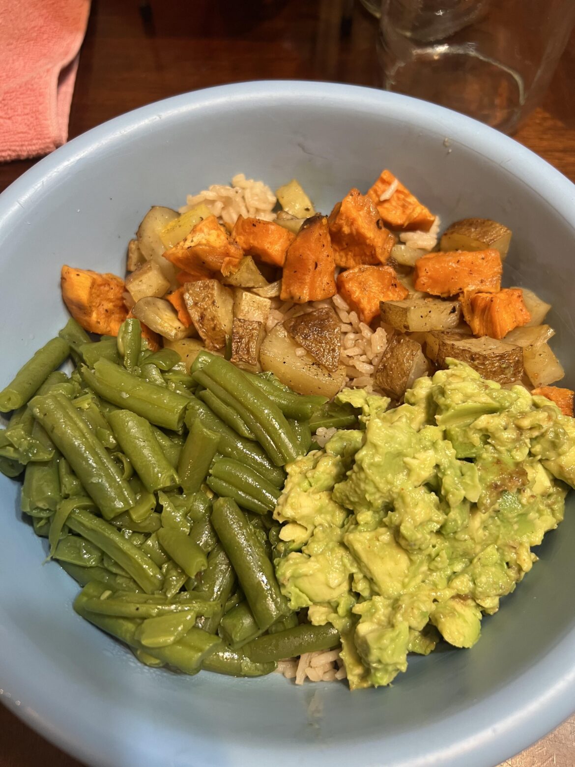 Brown rice, sweet & Irish potatoes, green beans, and avocados