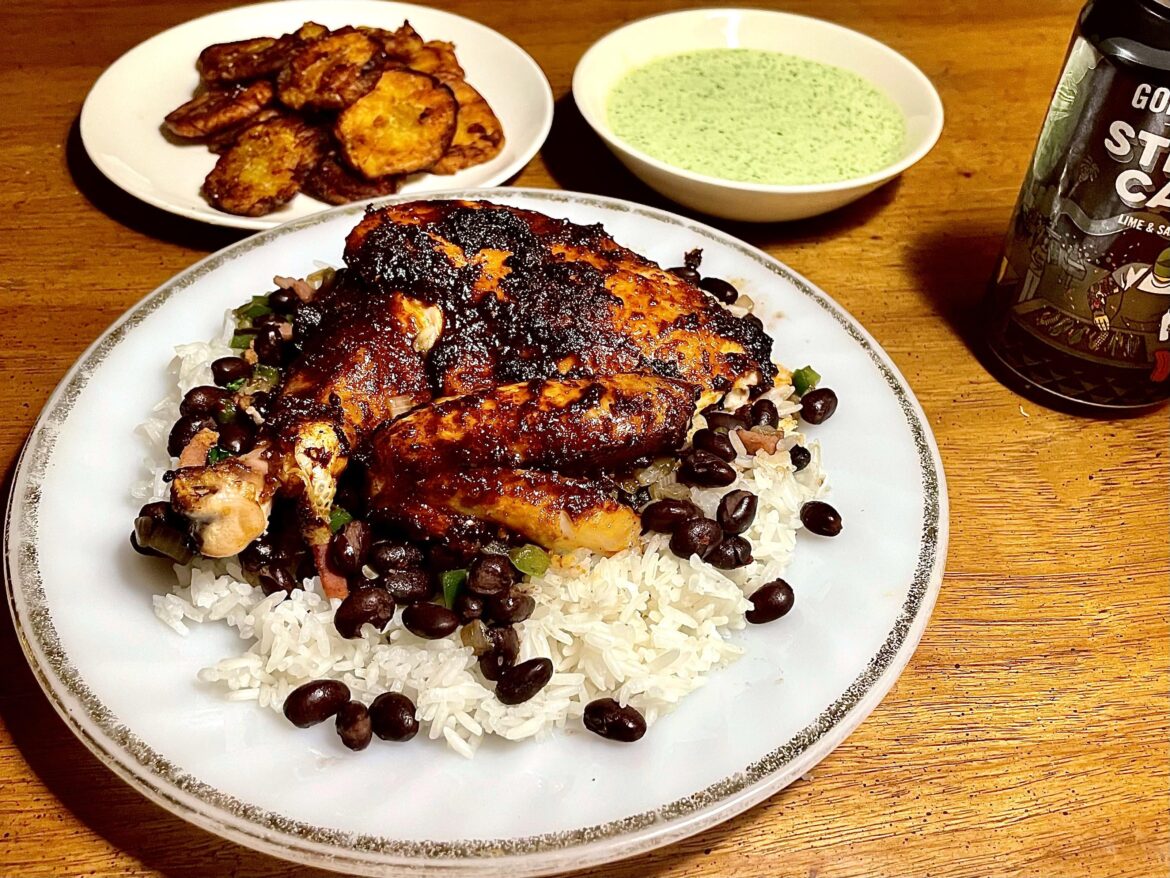 Made Peruvian roast chicken and tostones with aji verde.