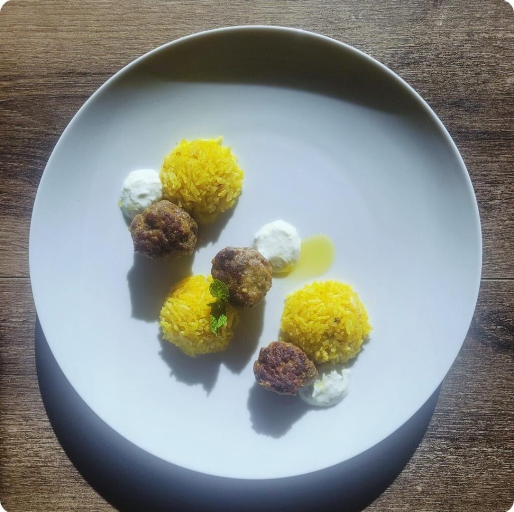 Cast iron Meatballs, spiced Jasmine Rice, Tzatziki, and EVO