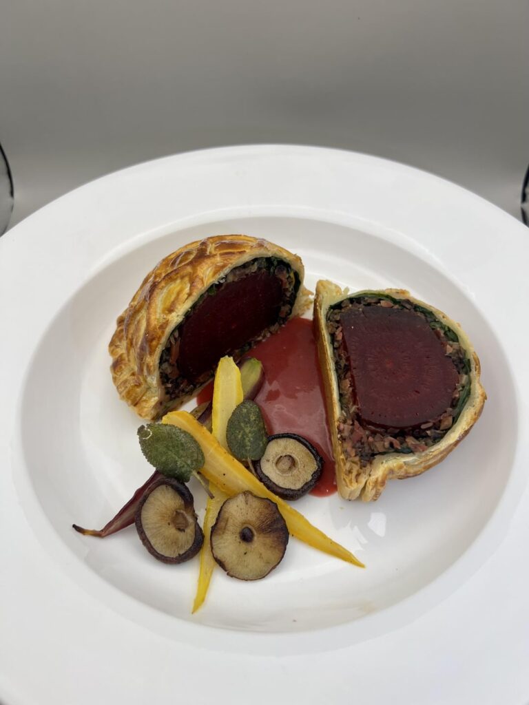 Beet Wellington 3 ways. Roasted Carrots, Onion, Shiitake, Sage, Beet Chip, Beet Jus