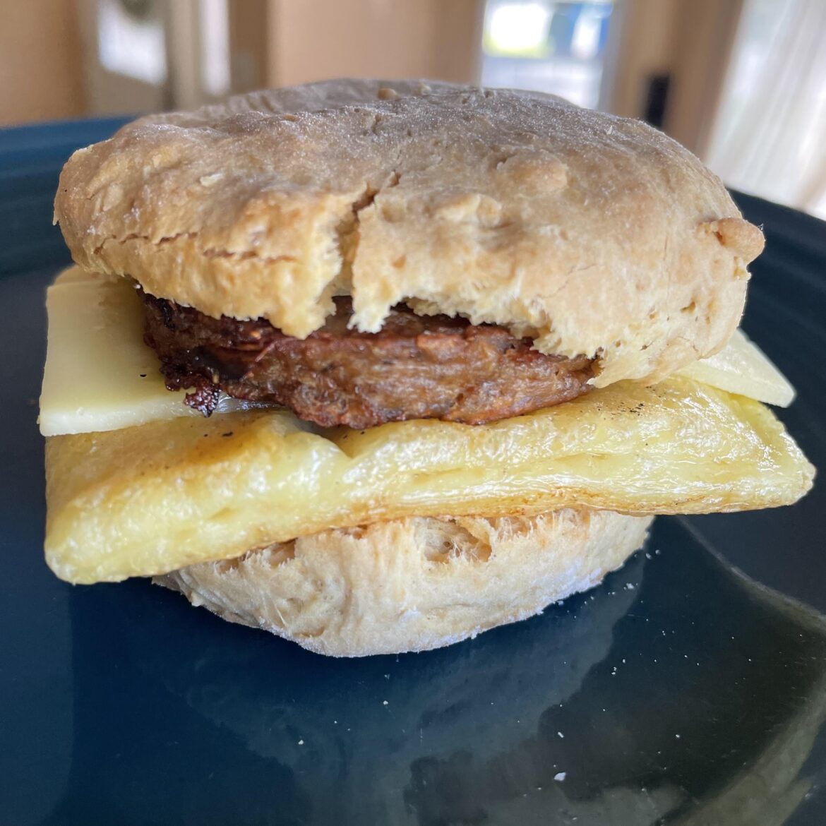 i made that classic biscuit, sausage, egg, and cheese breakfast sandwich