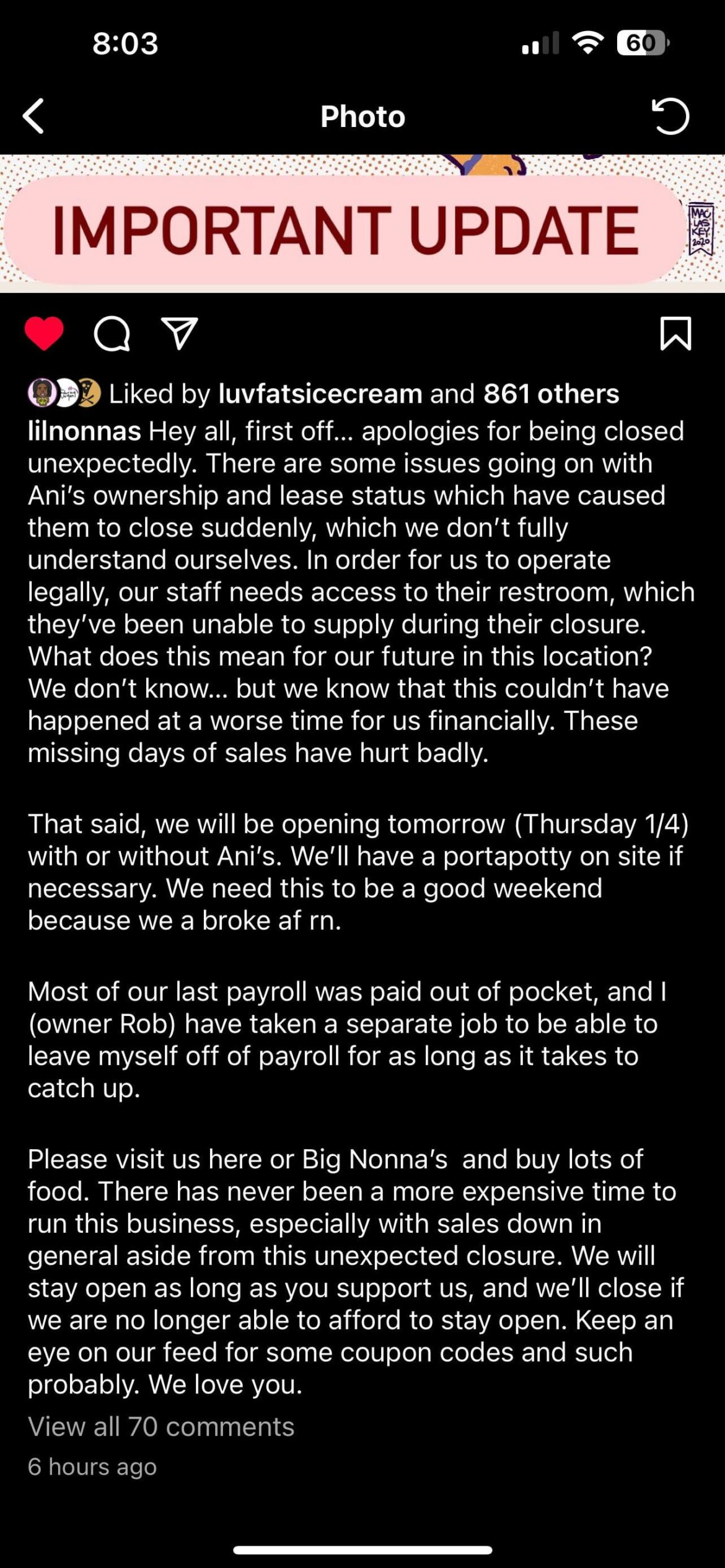 Big Nonna’s/Lil Nonna’s needs support this week!