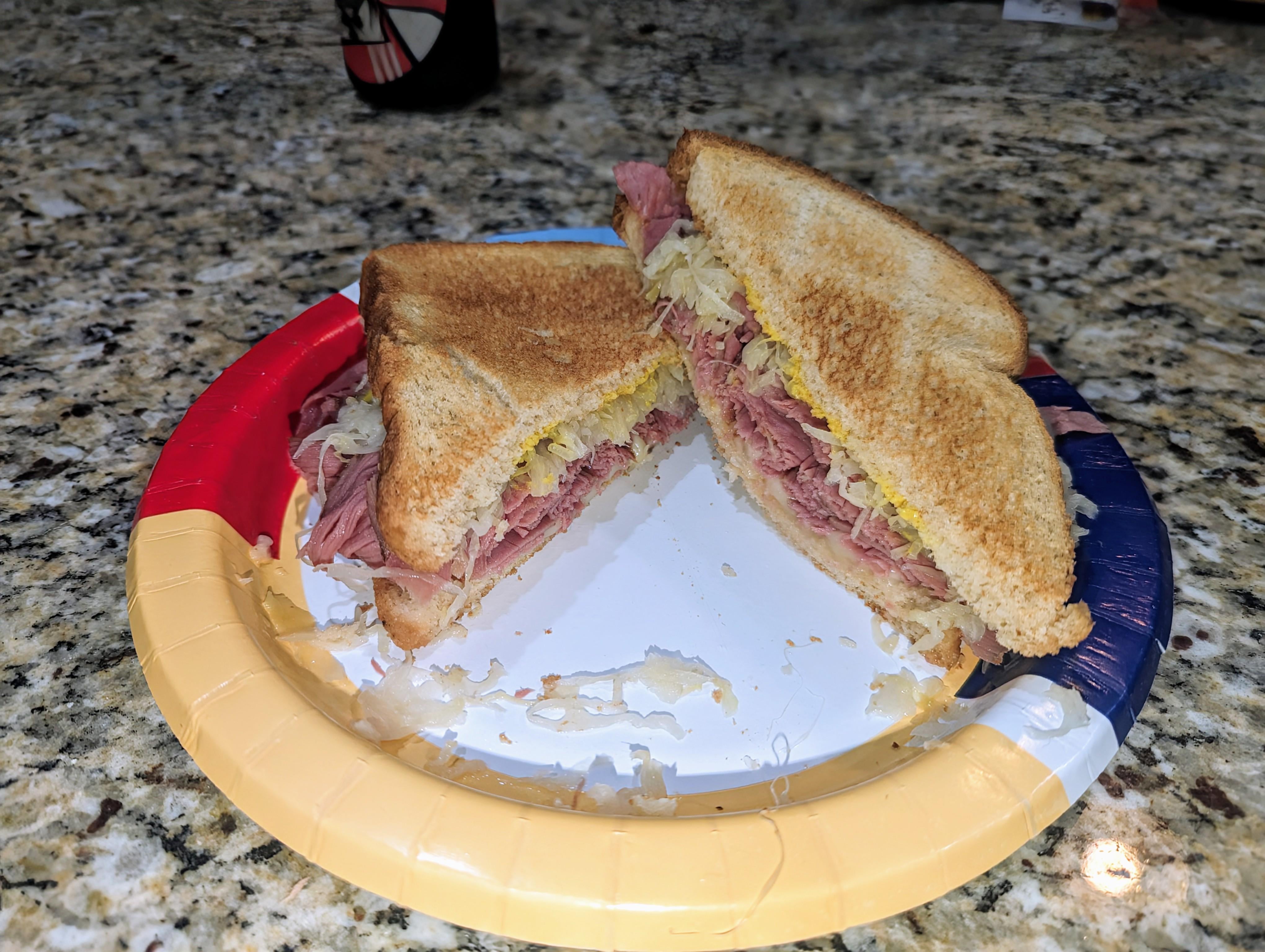 Pastrami, kraut, provolone and yellow mustard on whole grain white 🤤