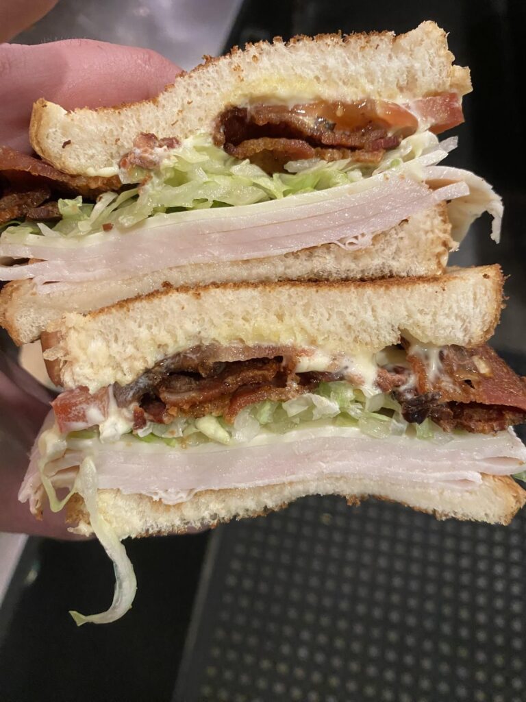 Usually my go to, when working behind the bar. Turkey, provo, bacon, lettuce, tomato, mayo. Vinegar on the lettuce.