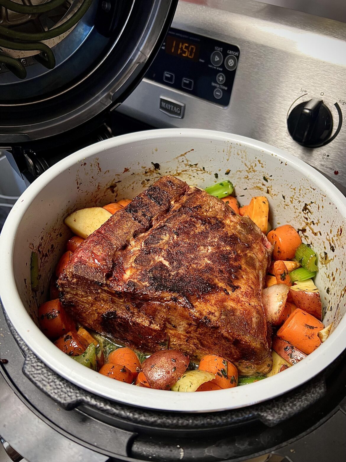 Meat from a friends farm, little bit of dry rub and seared. Sautéed veggies (whatever was in the fridge) with beef tallow and salt. Then two cups of bone broth and that’s it! Perfect for a snowy day.