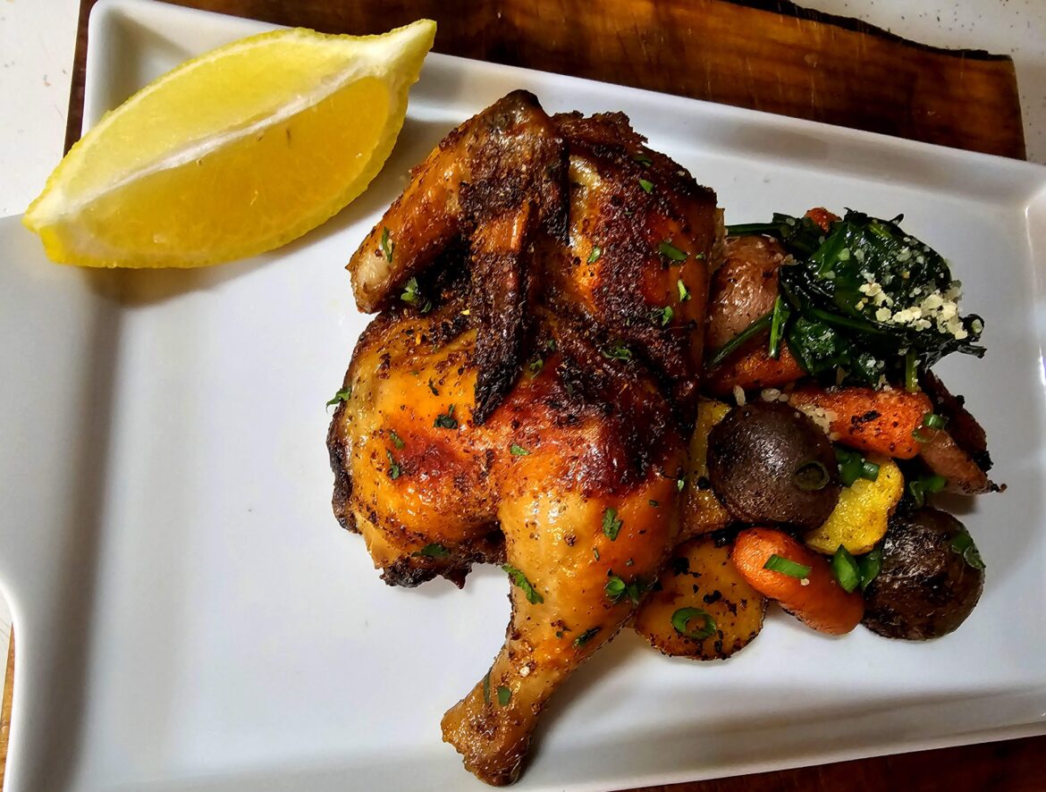 Cornish Hen, Roasted Potatoes & Carrots, Sautéed Spinach