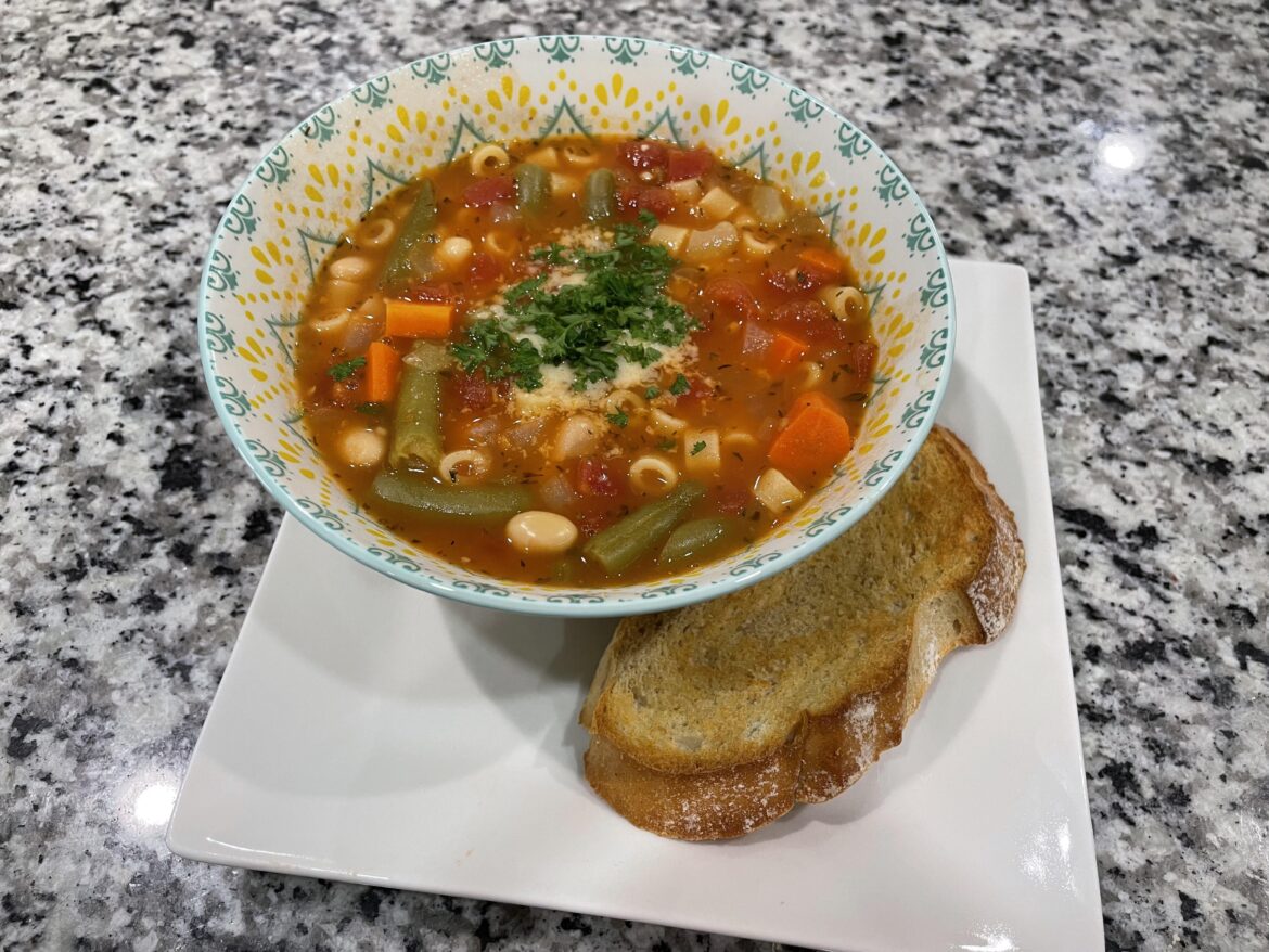 Minestrone served with crusty white bread