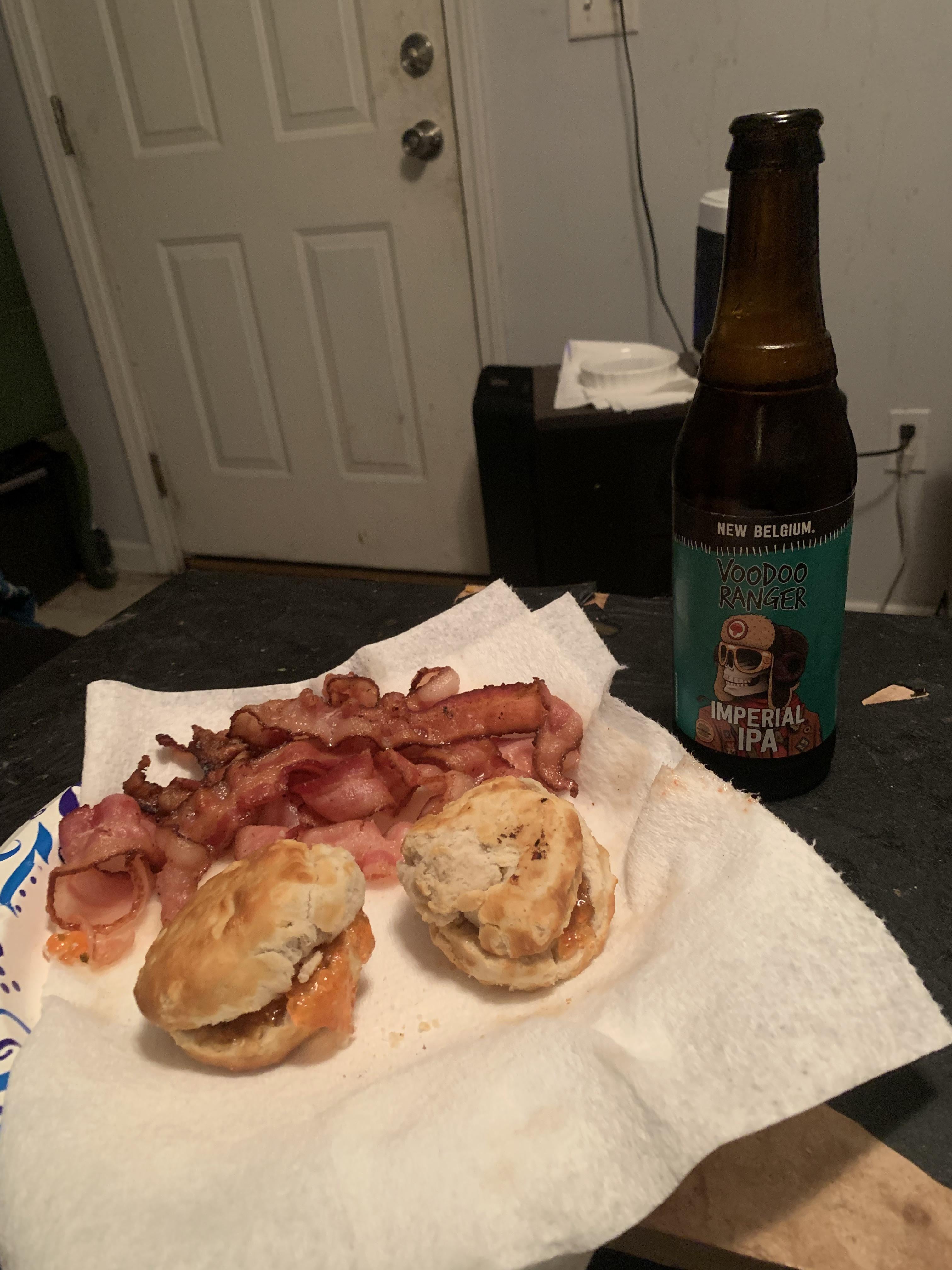 Bacon, with biscuits and jalapeño pineapple jelly. 5 beers and pretty