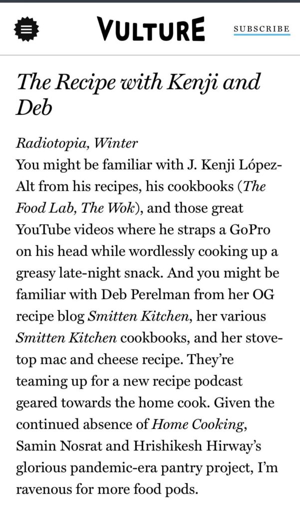 New Kenji (& Deb from Smitten Kitchen) Podcast