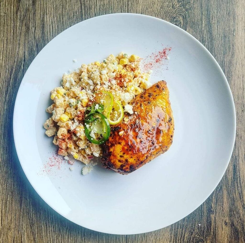 Chili-Lime marinated Chicken breast with an Esquites inspired ditalini pasta. Topped with smoked Paprika and Cotija.