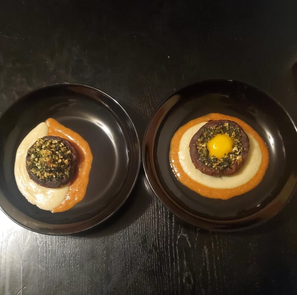 Green Shakshuka Stuffed Portobello | Soubise | Roasted Tomato Emulsion (Vegan/ Vegetarian)
