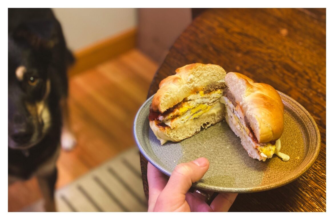 Meatball egg cheese salt pepper ketchup (MECSPK) on homemade Kaiser roll