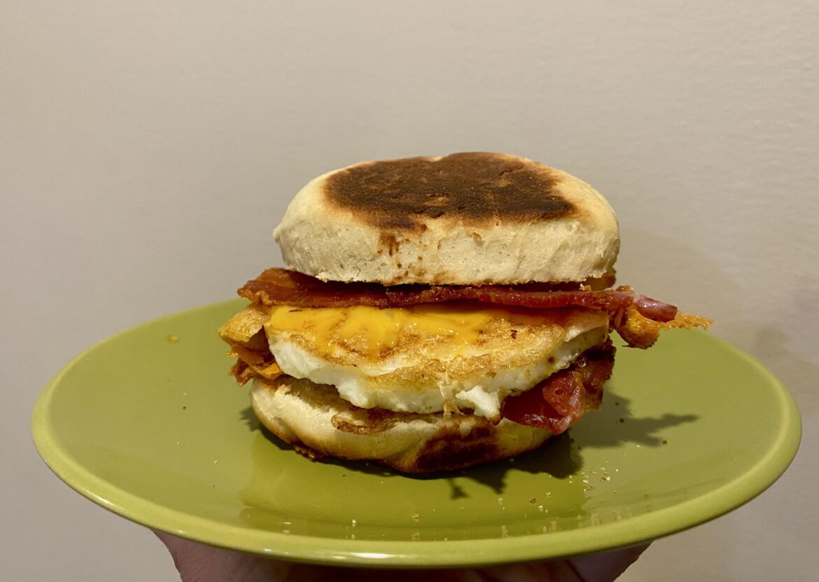 Bacon, egg, and cheese breakfast sandwich on homemade English muffin!