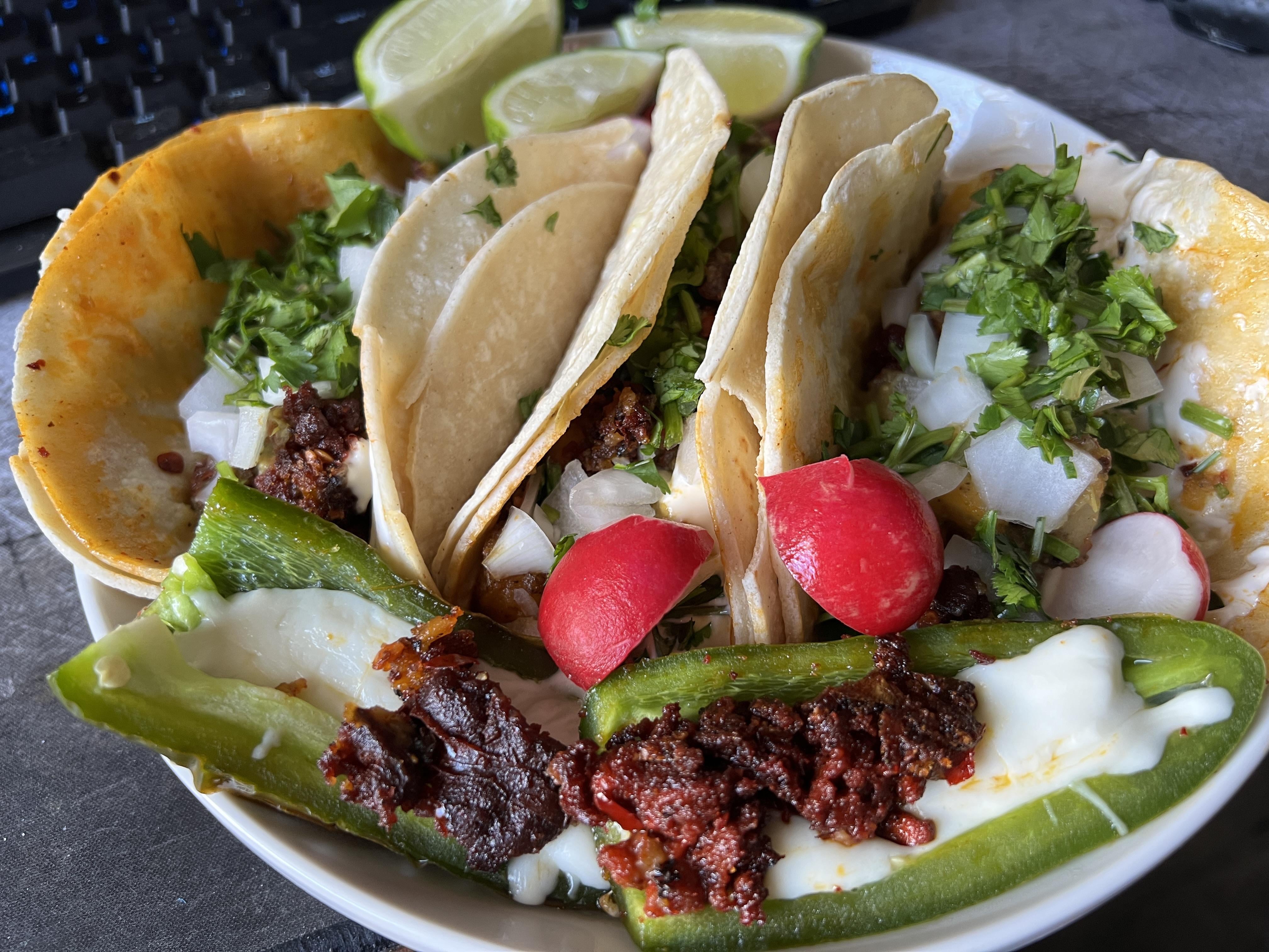I made some chorizo seco and potato tacos with jalapeños stuffed with