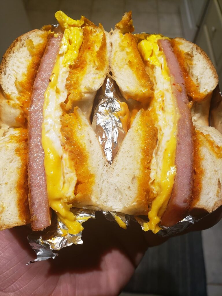 Spam, egg & cheese bagel