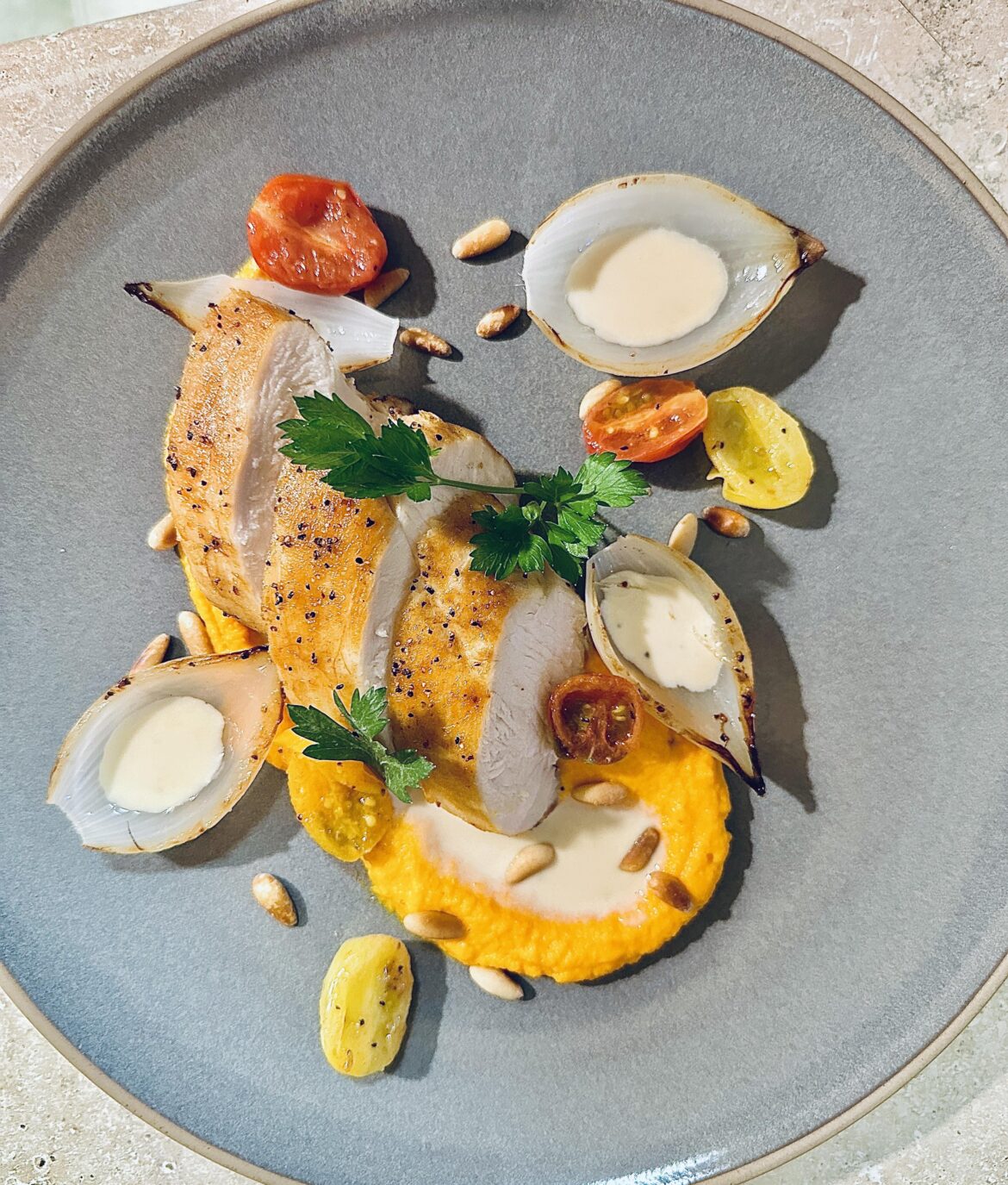 Sousvide chicken breast, Tarragon Béchamel, carrot puree.