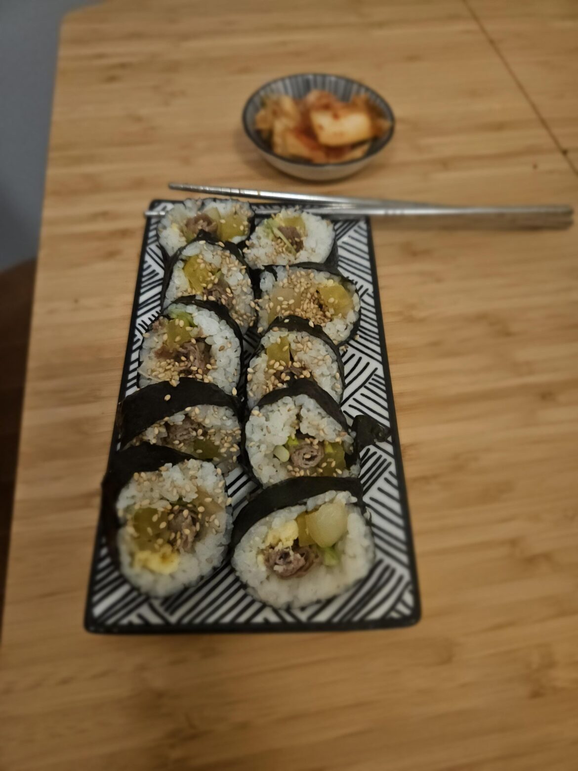 First try making kimbap. With home made kimchi of course :) tasted amazing