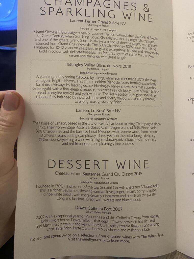 BA first class wine menu