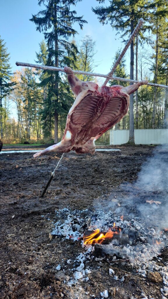Whole lamb roasted over fire